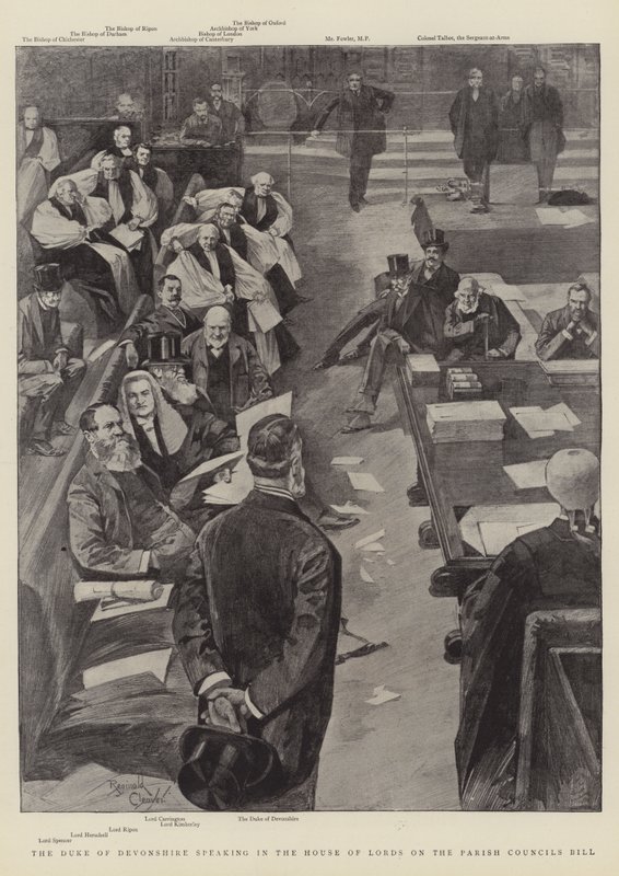 Discurso do Duque de Devonshire na Câmara dos Lordes sobre o projeto de lei relativo aos Conselhos Paroquiais (gravura) de Reginald Thomas Cleaver