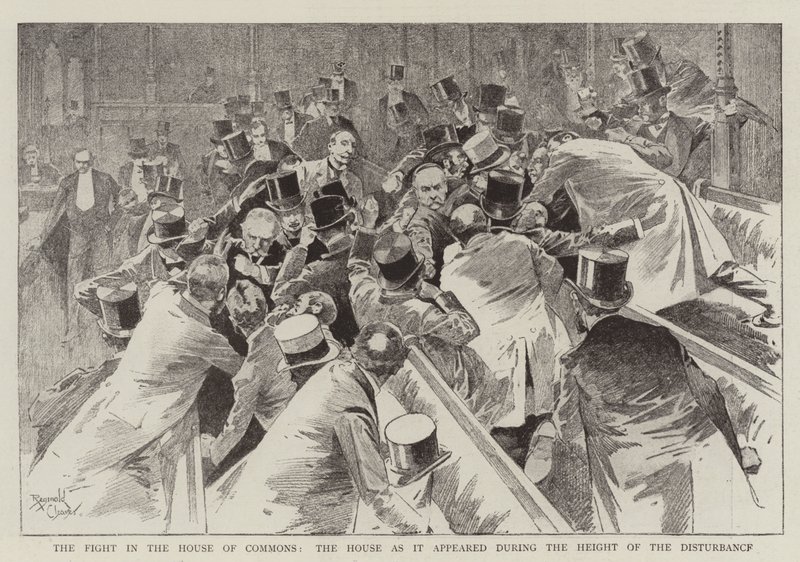 A luta na Câmara dos Comuns, a Câmara tal como se apresentou no auge da perturbação (gravura) de Reginald Thomas Cleaver