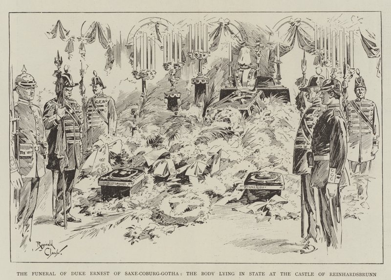 Funeral do Duque Ernesto de Saxe-Coburgo-Gotha, com o corpo a repousar no Castelo de Reinhardsbrunn (gravura) de Reginald Thomas Cleaver