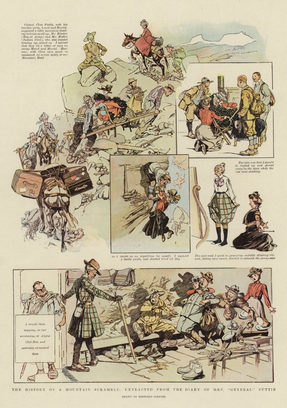 A história de uma corrida de montanha, extraída do diário da Sra. "General" Puttie (litografia a cores) de Reginald Thomas Cleaver