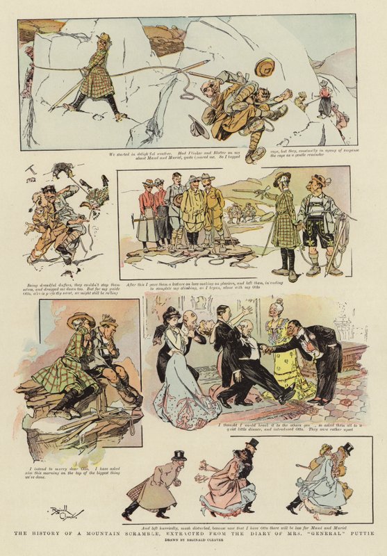 A história de uma corrida de montanha, extraída do diário da Sra. "General" Puttie (litografia a cores) de Reginald Thomas Cleaver