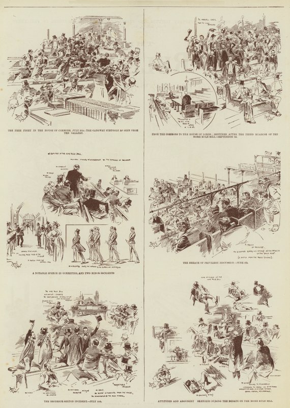 A sessão do Home Rule, alguns esboços do "Daily Graphic" no Parlamento (gravura) de Reginald Thomas Cleaver