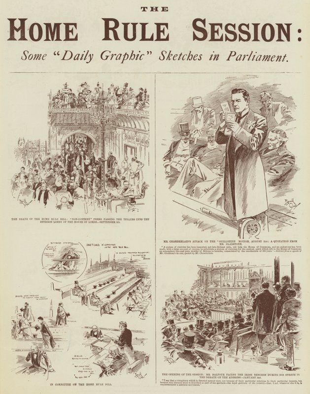 A sessão do Home Rule, alguns esboços do "Daily Graphic" no Parlamento (gravura) de Reginald Thomas Cleaver