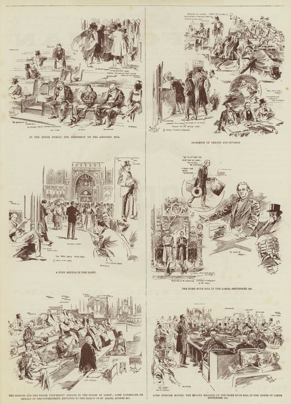 A sessão do Home Rule, alguns esboços do "Daily Graphic" no Parlamento (gravura) de Reginald Thomas Cleaver