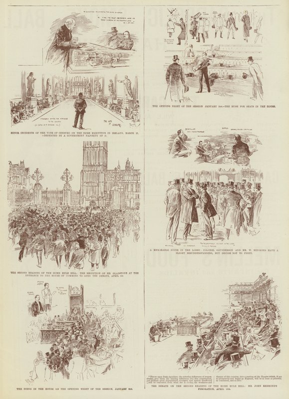 A sessão do Home Rule, alguns esboços do "Daily Graphic" na Câmara dos Comuns (gravura) de Reginald Thomas Cleaver