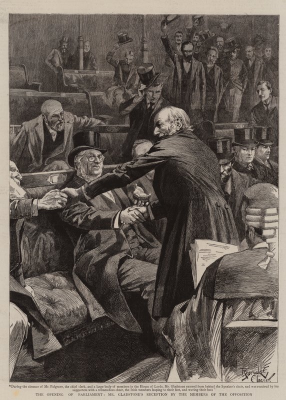 Abertura do Parlamento, receção do Sr. Gladstone pelos membros da oposição (gravura) de Reginald Thomas Cleaver