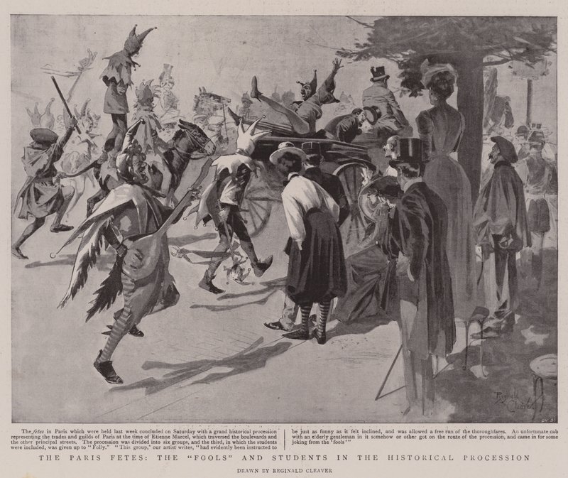 As Fetes de Paris, os "Tolos" e os estudantes no cortejo histórico (litografia) de Reginald Thomas Cleaver