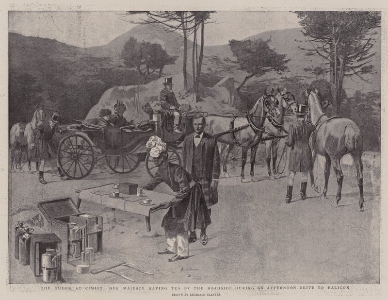 A Rainha em Cimiez, Sua Majestade tomando chá à beira da estrada durante uma tarde de viagem a Falicon (litografia) de Reginald Thomas Cleaver