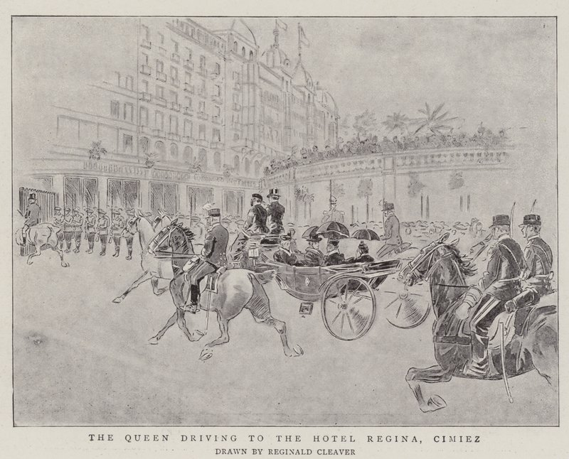 A Rainha a caminho do Hotel Regina, Cimiez (gravura) de Reginald Thomas Cleaver