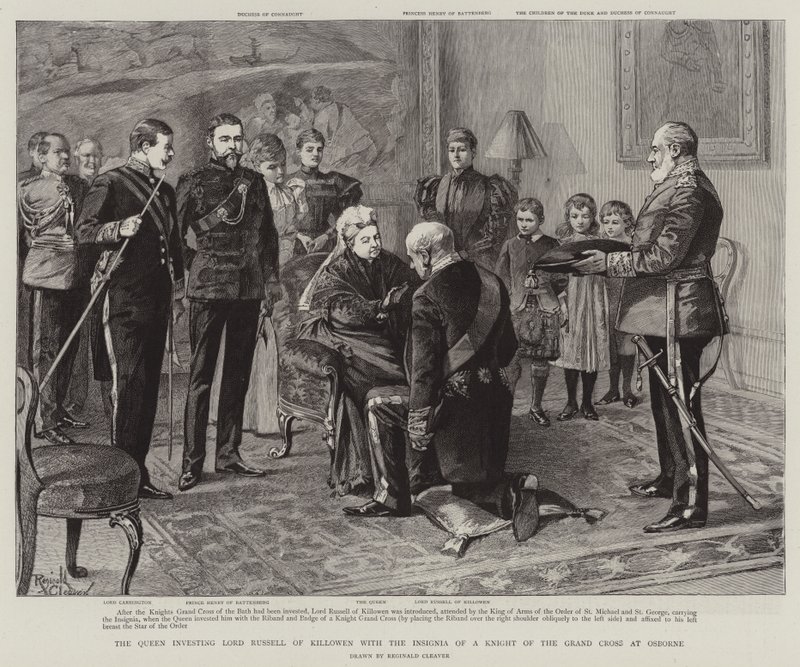 A Rainha investe Lord Russell de Killowen com a insígnia de Cavaleiro da Grã-Cruz em Osborne (gravura) de Reginald Thomas Cleaver
