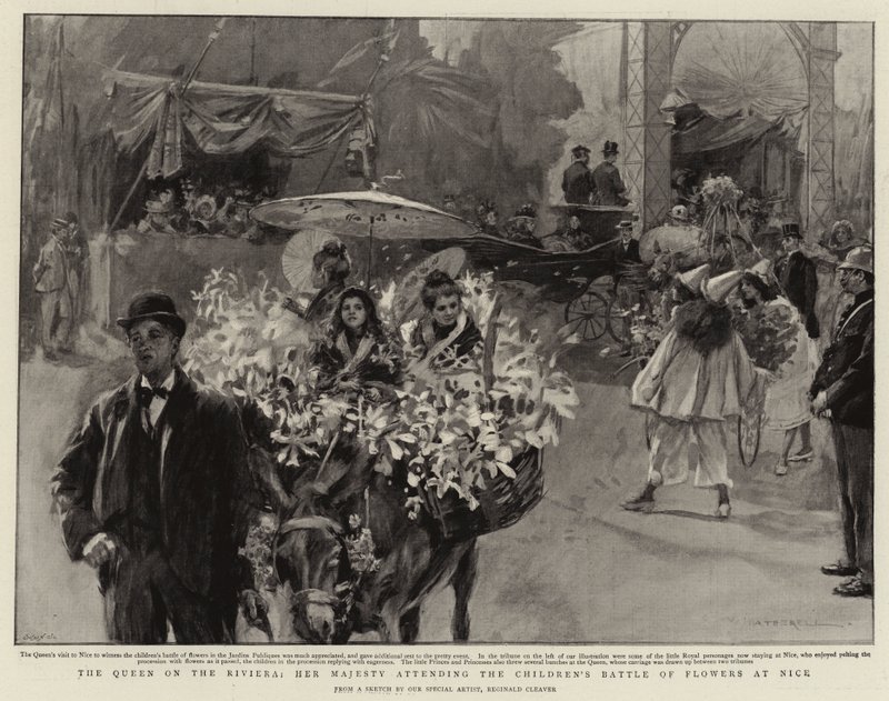 A Rainha na Riviera, Sua Majestade participa na Batalha das Flores das Crianças em Nice (litografia) de Reginald Thomas Cleaver
