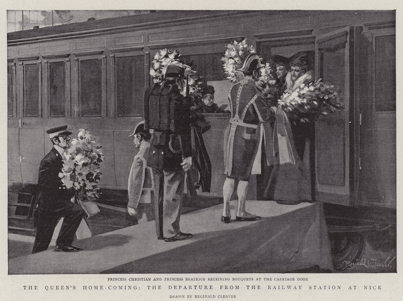 O regresso a casa da Rainha, a partida da estação de caminho de ferro de Nice (litografia) de Reginald Thomas Cleaver