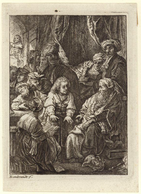 Uma multidão de pessoas se reuniu em torno de um velho sentado de Rembrandt van Rijn