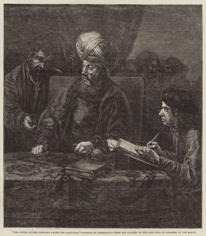 O proprietário do vinhedo pagando seus trabalhadores de Rembrandt van Rijn