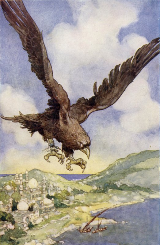 Um pássaro gigante chamado Roc (cor litho) de René Bull