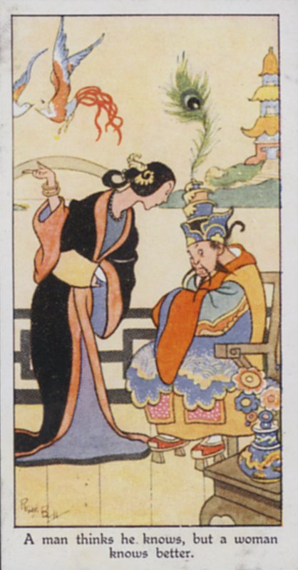 Provérbio Oriental: Um homem pensa que sabe, mas uma mulher sabe melhor (cor litho) de René Bull