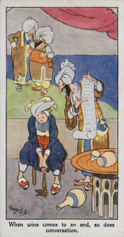 Provérbio Oriental: Quando o vinho chega ao fim, a conversa também termina (cor litho) de René Bull