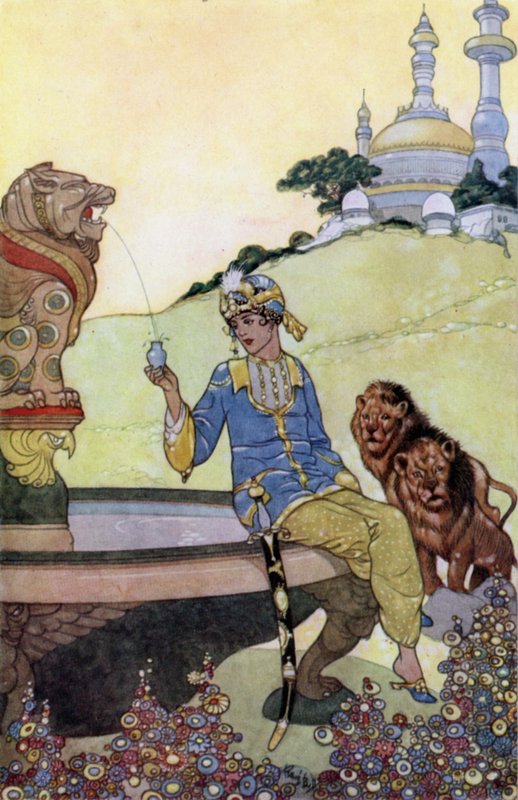 O Príncipe Ahmed Enche a sua Garrafa (cor litho) de René Bull