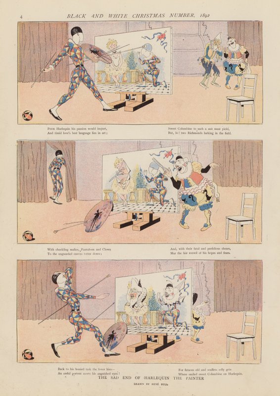 O triste fim de Arlequim, o pintor (litografia a cores) de René Bull