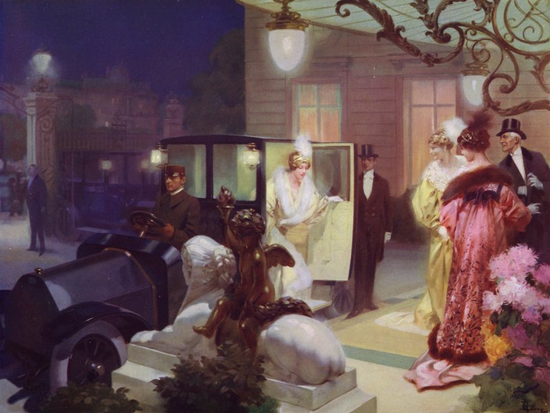Senhora rica chegando para o jantar de carro de Rene Lelong