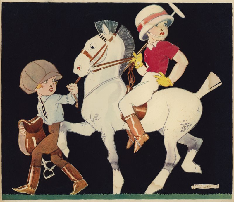 Rapaz no pónei de pólo, sendo conduzido por uma rapariga estável (cor litho) de Rene Vincent
