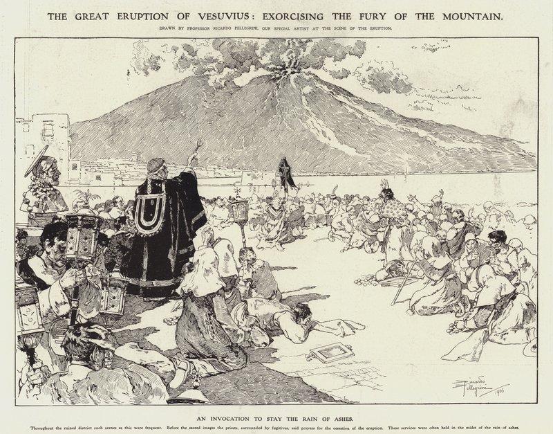 A grande erupção do Vesúvio: exorcizando a fúria da montanha (gravura) de Riccardo Pellegrini