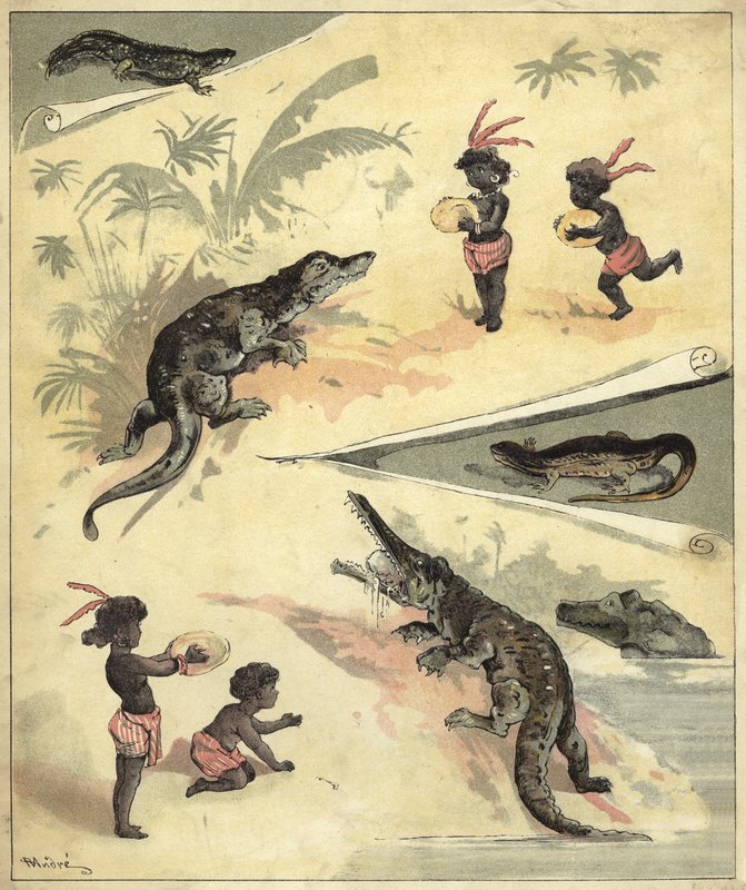 Africano crianças brincando com crocodilos (chromolitho) de Richard Andre