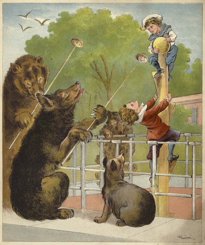 Ursos, baiting, meninos, (crromolitho) de Richard Andre