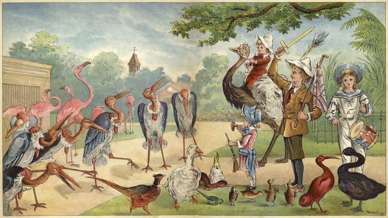 Crianças abordando as aves no zoológico (cromolitro) de Richard Andre