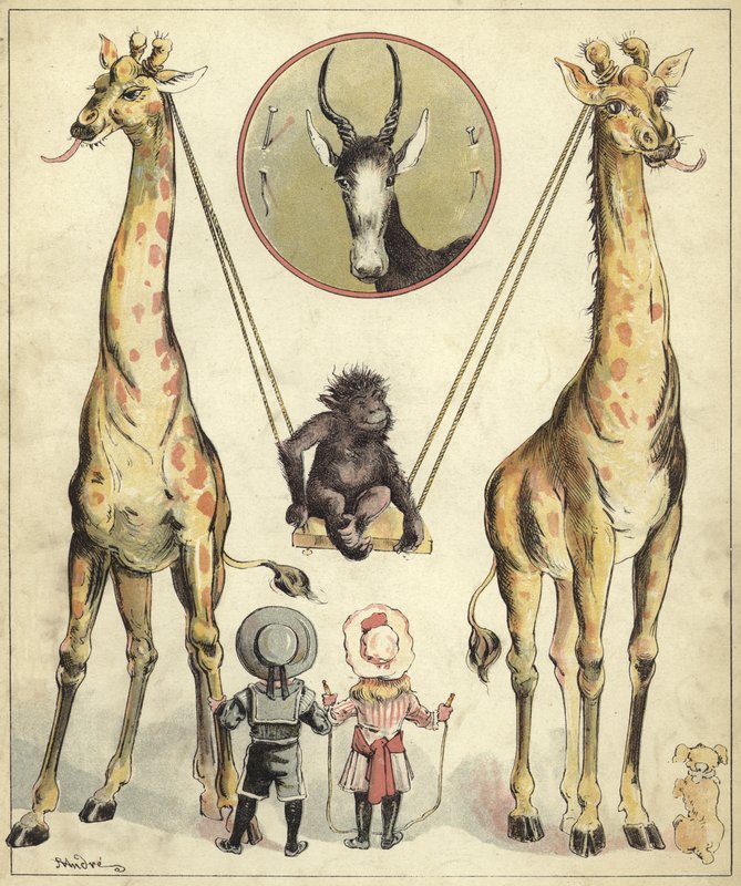 Girafas brincando com o macaco (chromolitho) de Richard Andre