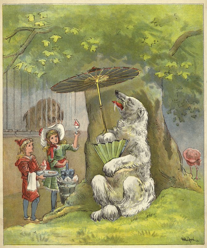 Urso polar sendo alimentado sundae de sorvete por crianças (chromolitho) de Richard Andre