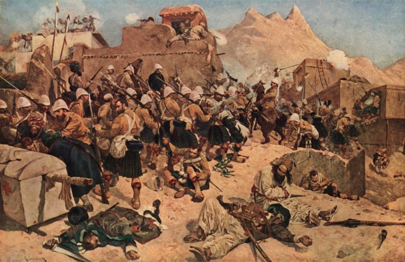 92nd Highlanders e 2ª Gurkhas invadindo o Gaudi Mullah Sahibdad em Kandahar, Afeganistão, 1880 de Richard Caton II Woodville