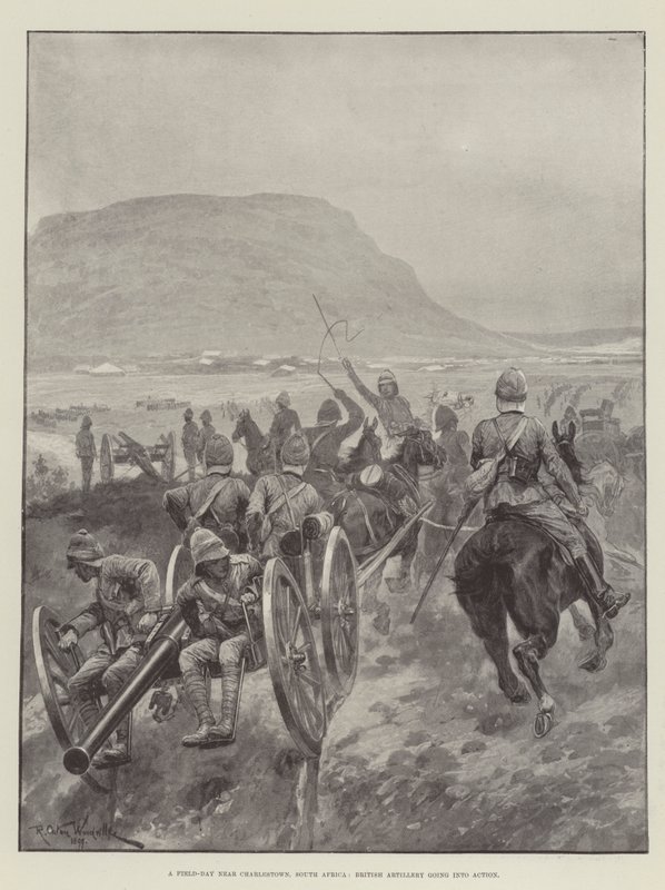 Um dia de campo perto de Charlestown, África do Sul, Artilharia britânica em ação de Richard Caton Woodville junior