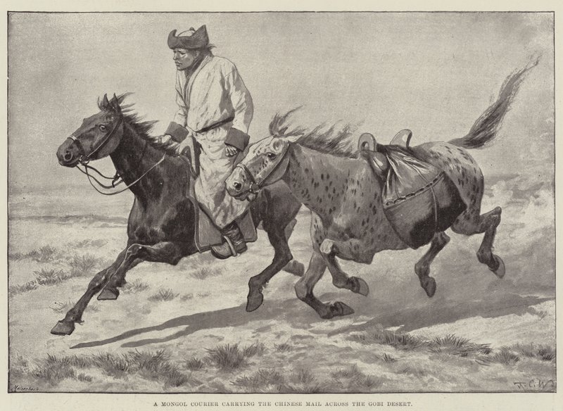 Um mensageiro mongol carregando o correio chinês pelo deserto de Gobi de Richard Caton Woodville junior