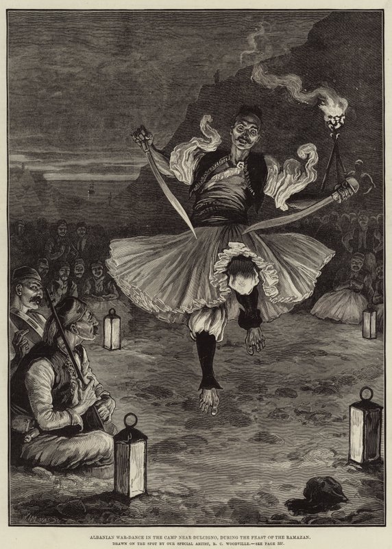 Dança de Guerra albanesa no acampamento perto de Dulcigno, durante a festa do Ramazan de Richard Caton Woodville junior