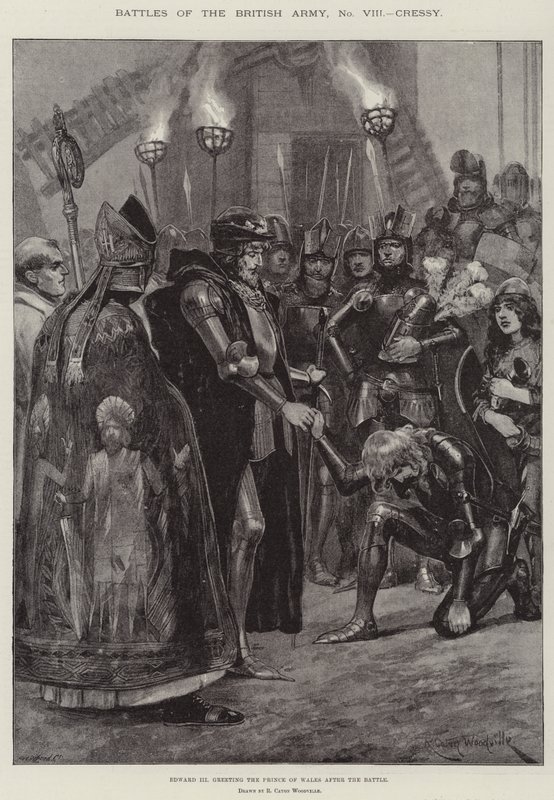 Batalhas do Exército Britânico, Cressy, Edward III cumprimentando o Príncipe de Gales depois da Batalha de Richard Caton Woodville junior