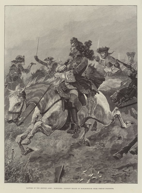 Batalhas do exército britânico, Ramillies, fuga estreita de Marlborough de dragões franceses de Richard Caton Woodville junior
