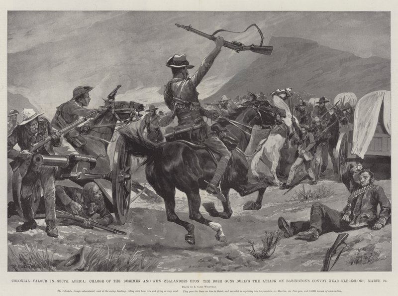 Valor colonial na África do Sul, carga dos bosquímanos e neo-zelandeses sobre os Boer Guns durante o ataque ao comboio de Babington perto de Klerksdorp, 24 de março de Richard Caton Woodville junior