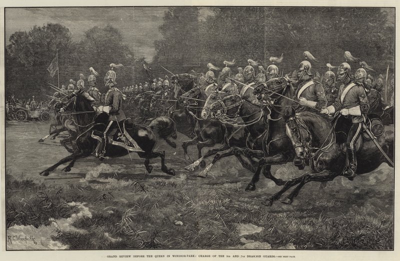 Grand Review antes da Rainha em Windsor Park, Charge do 5º e 7º Dragoon Guards de Richard Caton Woodville junior