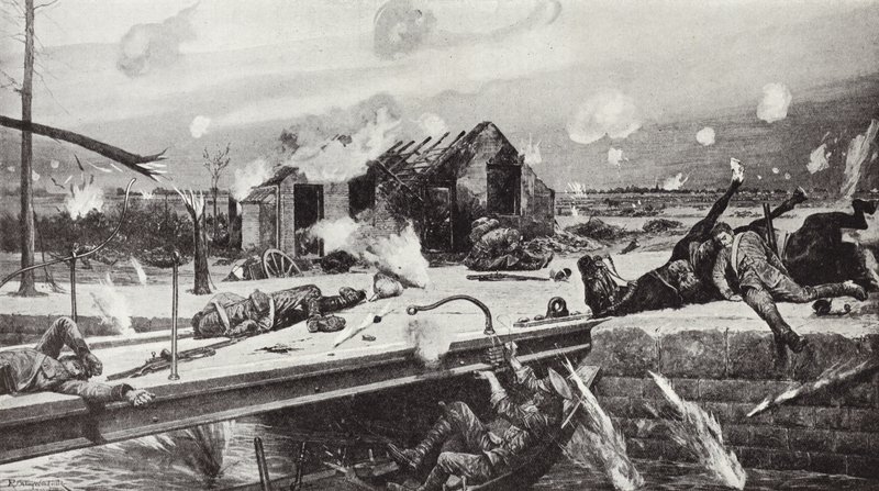 Lance-cabo Charles Jarvis explodindo a ponte em Jemappes, Bélgica, 23 de agosto de 1914 de Richard Caton Woodville junior