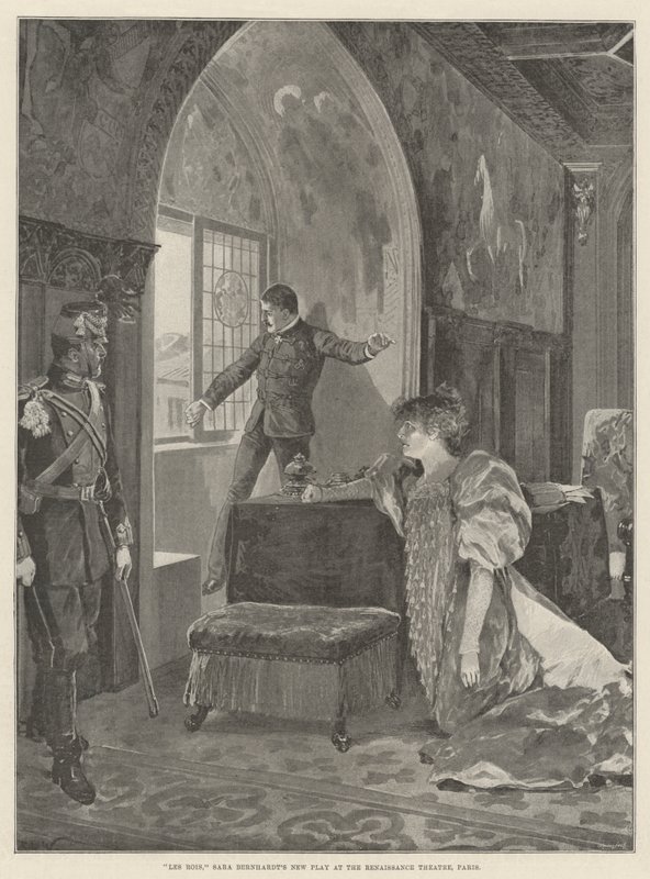 Les Rois, Nova peça de Sara Bernhardt no Renaissance Theatre, Paris de Richard Caton Woodville junior