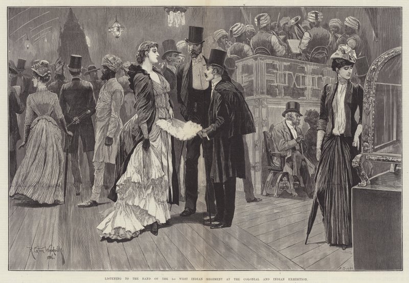 Ouvindo a Banda do 1º Regimento das Índias Ocidentais na Exposição Colonial e Indiana de Richard Caton Woodville junior