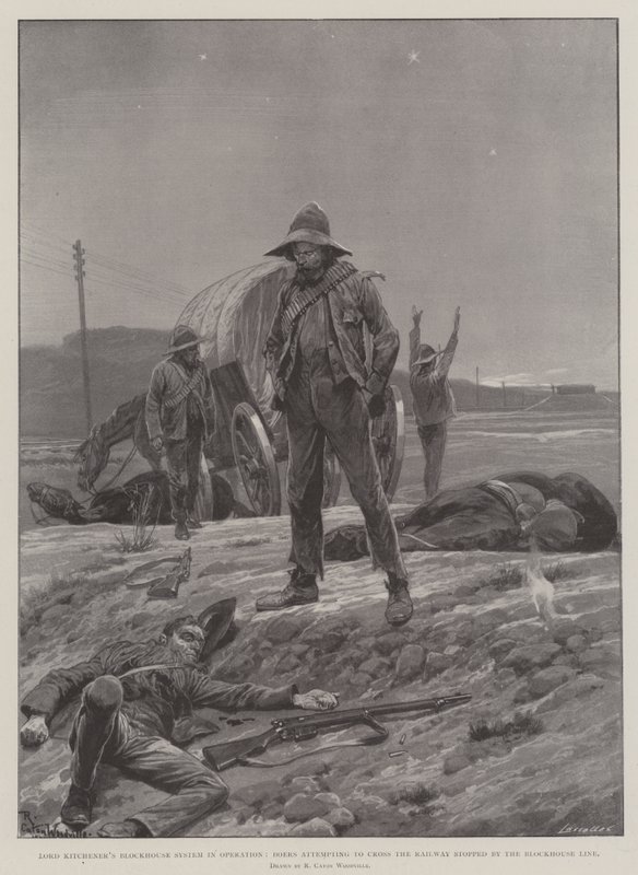 O sistema de Blockhouse de Lord Kitchener em operação, os bôeres que tentam atravessar a estrada de ferro pararam pela Blockhouse Line de Richard Caton Woodville junior