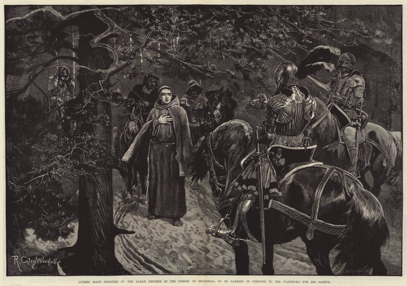 Lutero fez prisioneiro pelos Cavaleiros Saxões na Floresta da Turíngia, para ser carregado em Disfarce para o Wartburg por sua segurança. de Richard Caton Woodville junior
