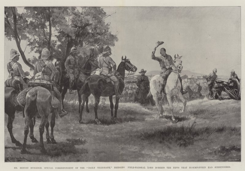 Sr. Bennet Burleigh, Correspondente Especial do Daily Telegraph, trazendo ao Marechal de Campo Lord Roberts a notícia de que Bloemfontein havia se rendido de Richard Caton Woodville junior
