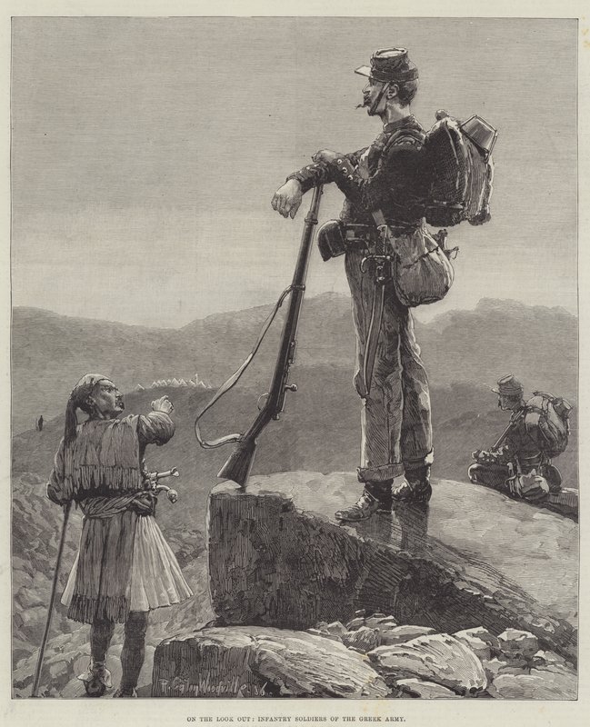 No olhar para fora, soldados de infantaria do exército grego de Richard Caton Woodville junior
