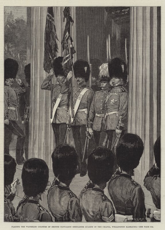Colocando as Cores de Waterloo dos Guardas Granadeiros do Segundo Batalhão na Capela, Wellington Barracks de Richard Caton Woodville junior