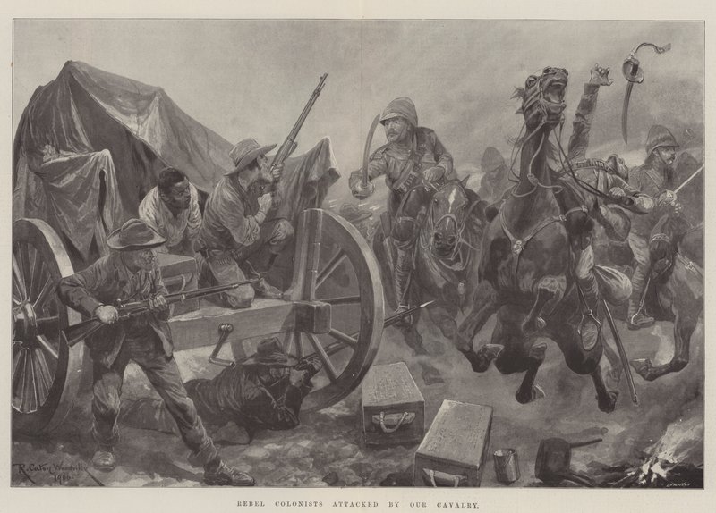 Colonizadores rebeldes atacados por nossa cavalaria de Richard Caton Woodville junior