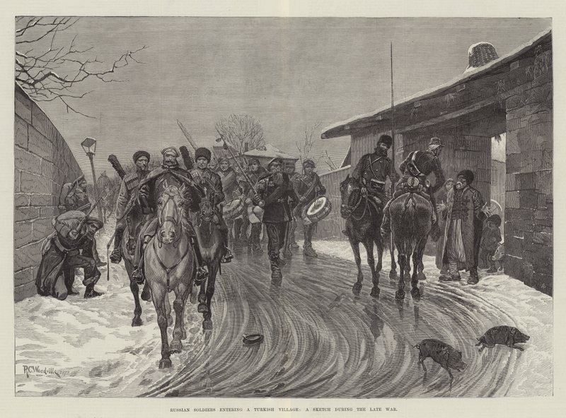 Soldados russos entrando em uma vila turca, um esboço durante a guerra atrasada de Richard Caton Woodville junior