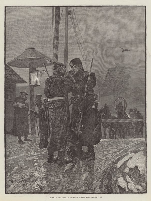 Guardas fronteiriços russos e alemães trocando fogo de Richard Caton Woodville junior